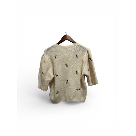 ZARA Novelty Bird Embroidered Short Sleeve Cardigan Cream Size L Preppy - Picture 7 of 10
